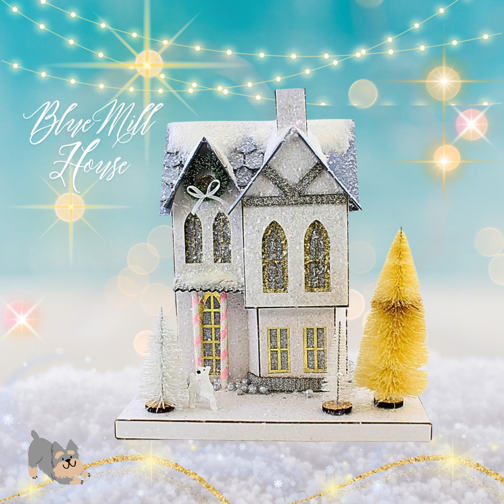 Holiday Village House Cody Foster Large 11" Putz Blue Mill Dog Sisal Trees